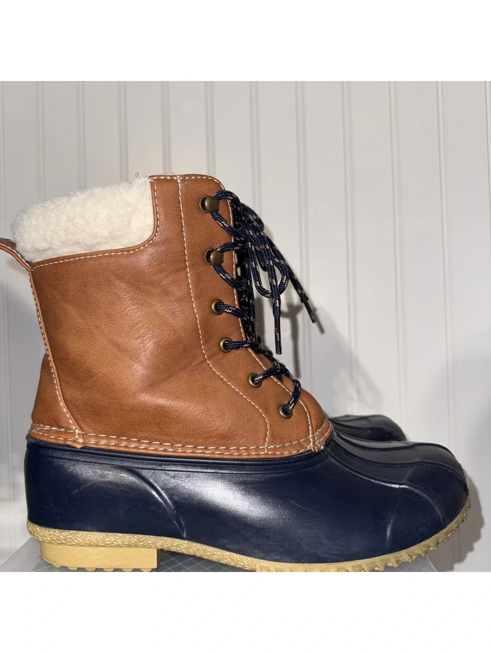 Rampage Womens Deerie Duck Boots Synthetic Size 7 Brown Navy Winter Rain Snow